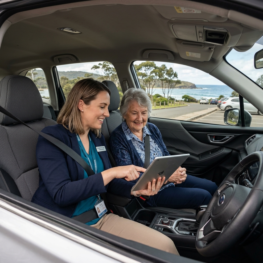 Occupational therapist assessing an elderly client in a car